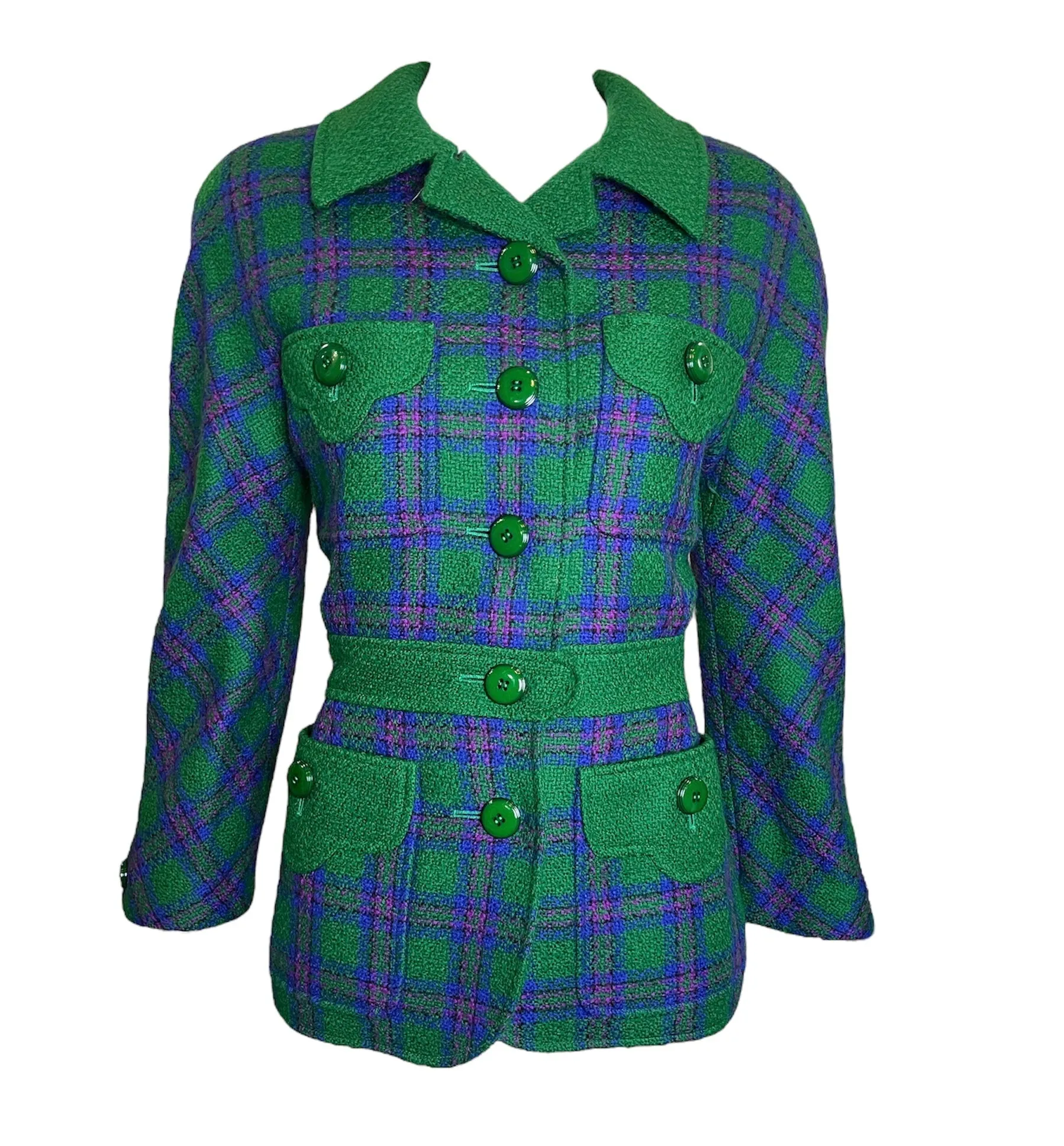 Valentino Boutique 80s Green, Purple and Fuschia Plaid Skirt Suit Ensemble