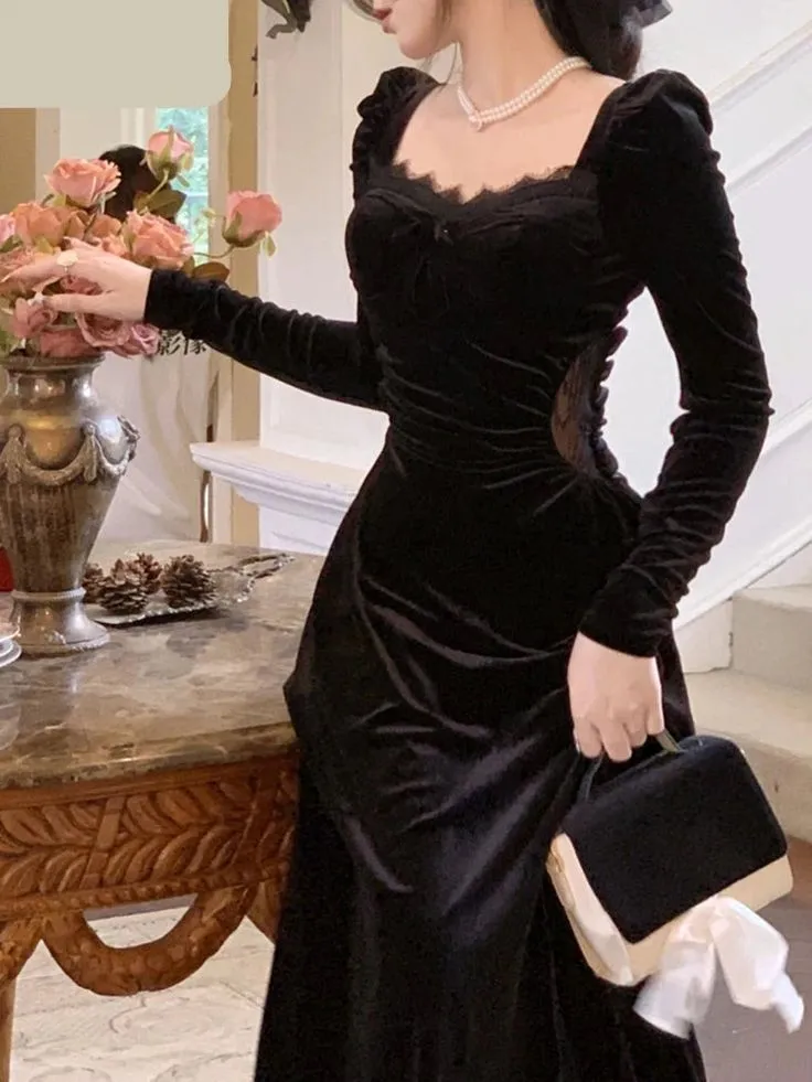 Vintage Balck Long Sleeve Dress Woman Elegant Fashion Velvet Midi Dress     fg6635