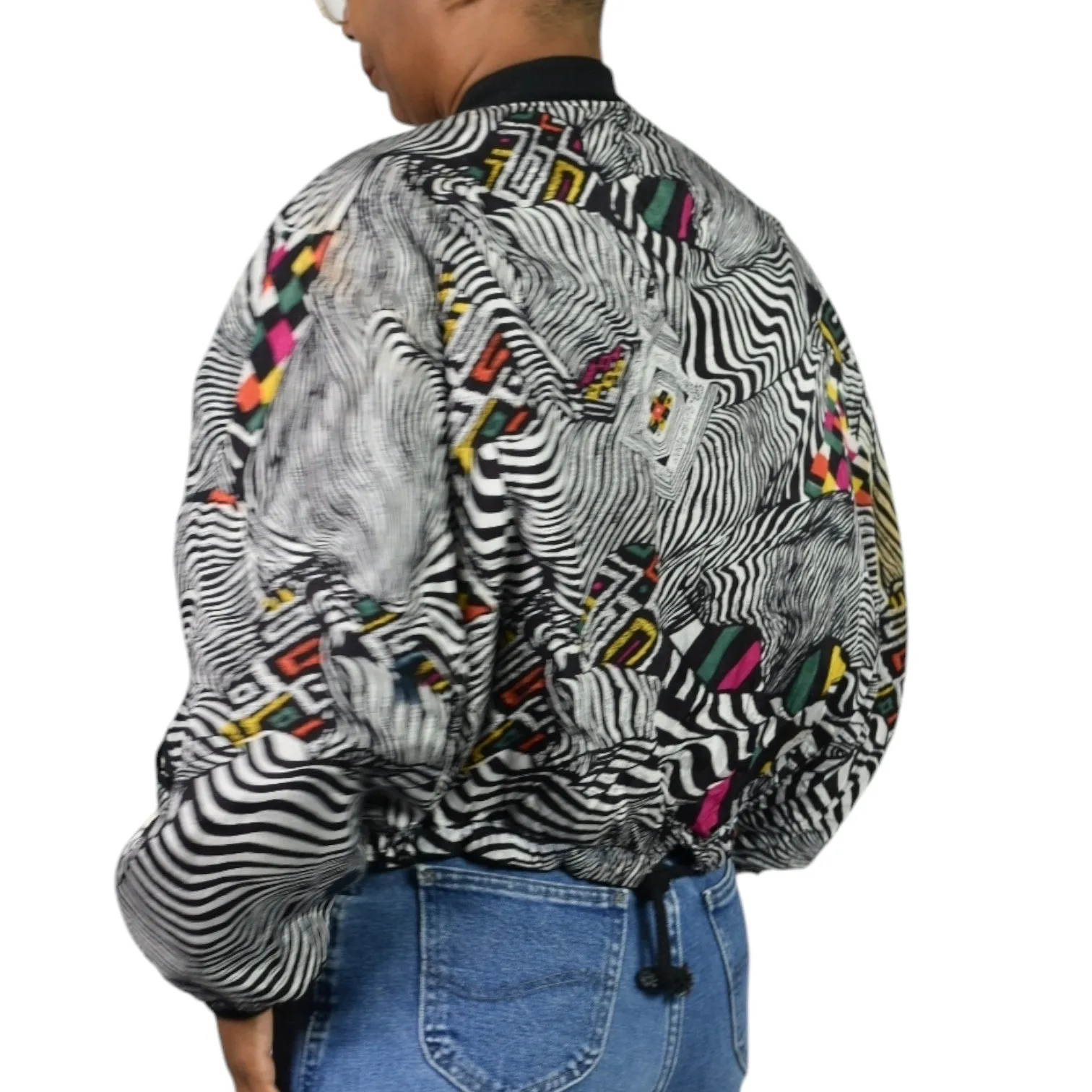 Vintage Magic International Print Bomber Jacket Silky Black Multi Zip Front Abstract Zebra One Size OS