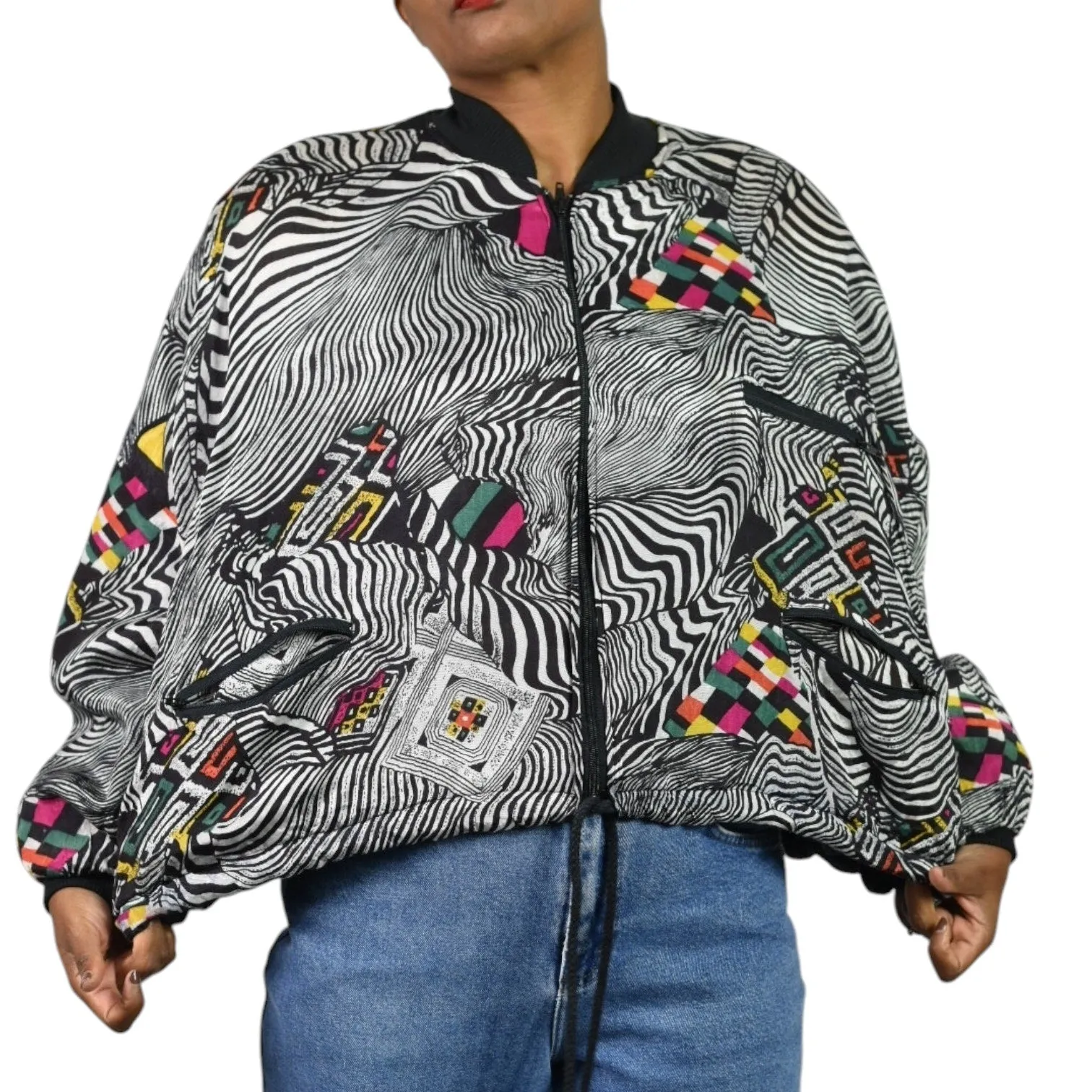 Vintage Magic International Print Bomber Jacket Silky Black Multi Zip Front Abstract Zebra One Size OS