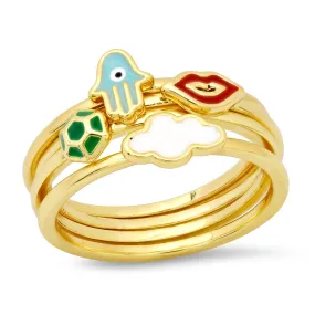 Whimsical Enamel Hamsa Ring Set