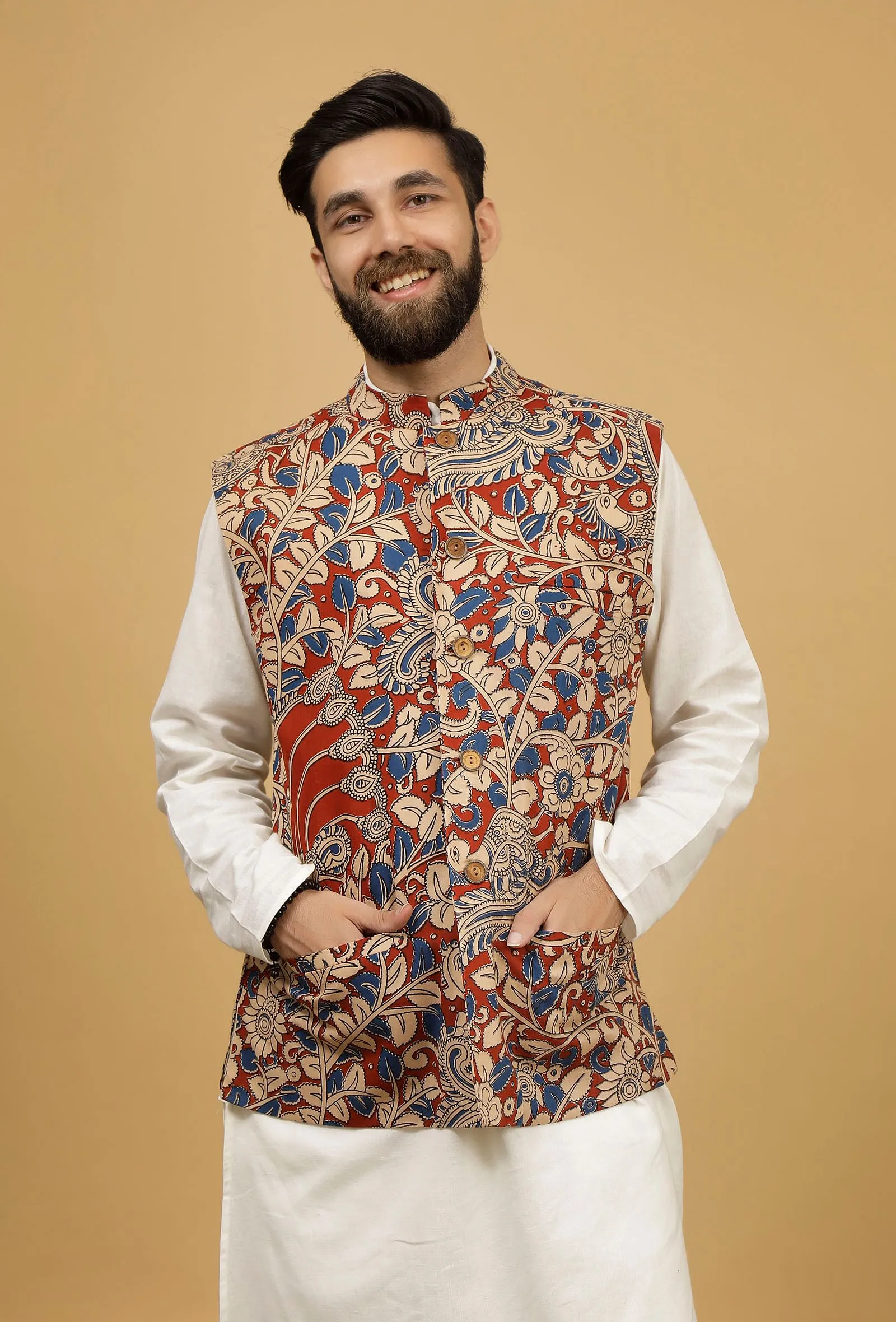 White and Red Kalamkari Cotton Nehru Jacket