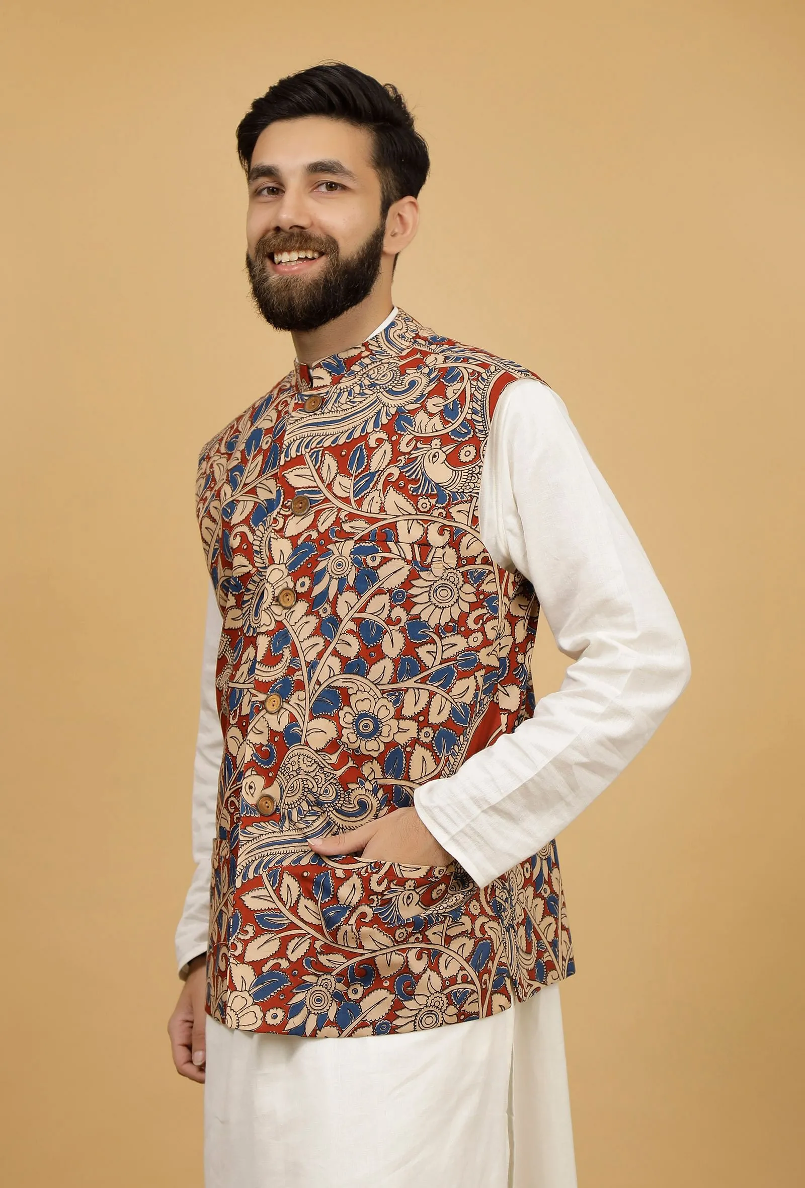 White and Red Kalamkari Cotton Nehru Jacket