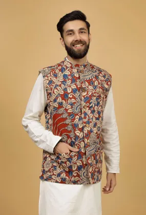 White and Red Kalamkari Cotton Nehru Jacket