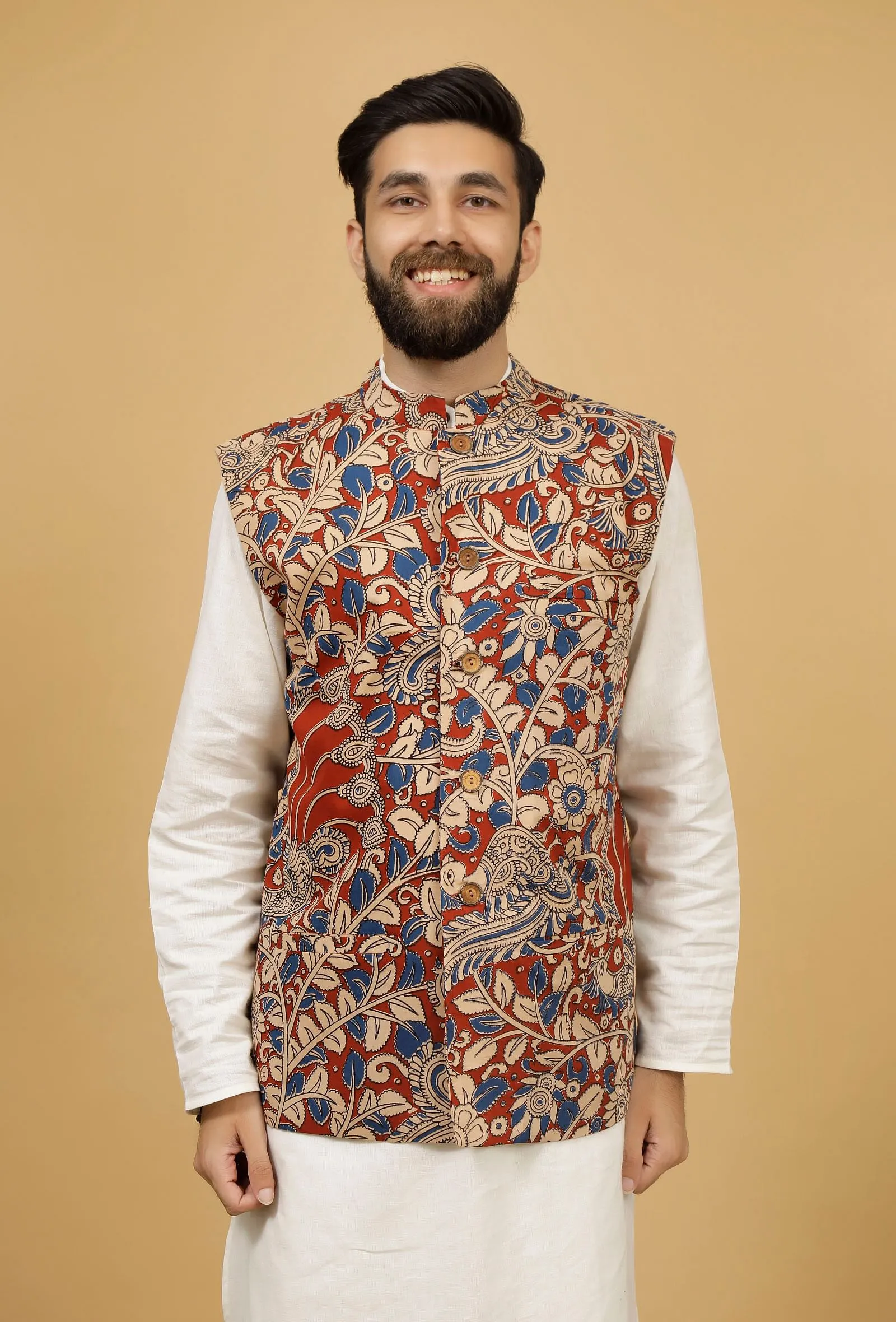 White and Red Kalamkari Cotton Nehru Jacket