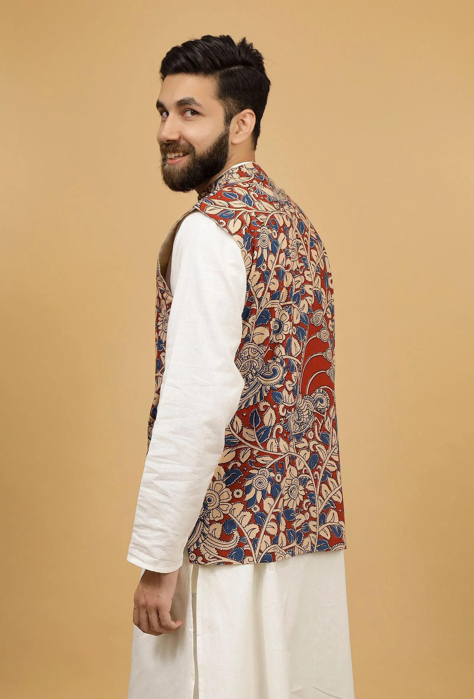 White and Red Kalamkari Cotton Nehru Jacket