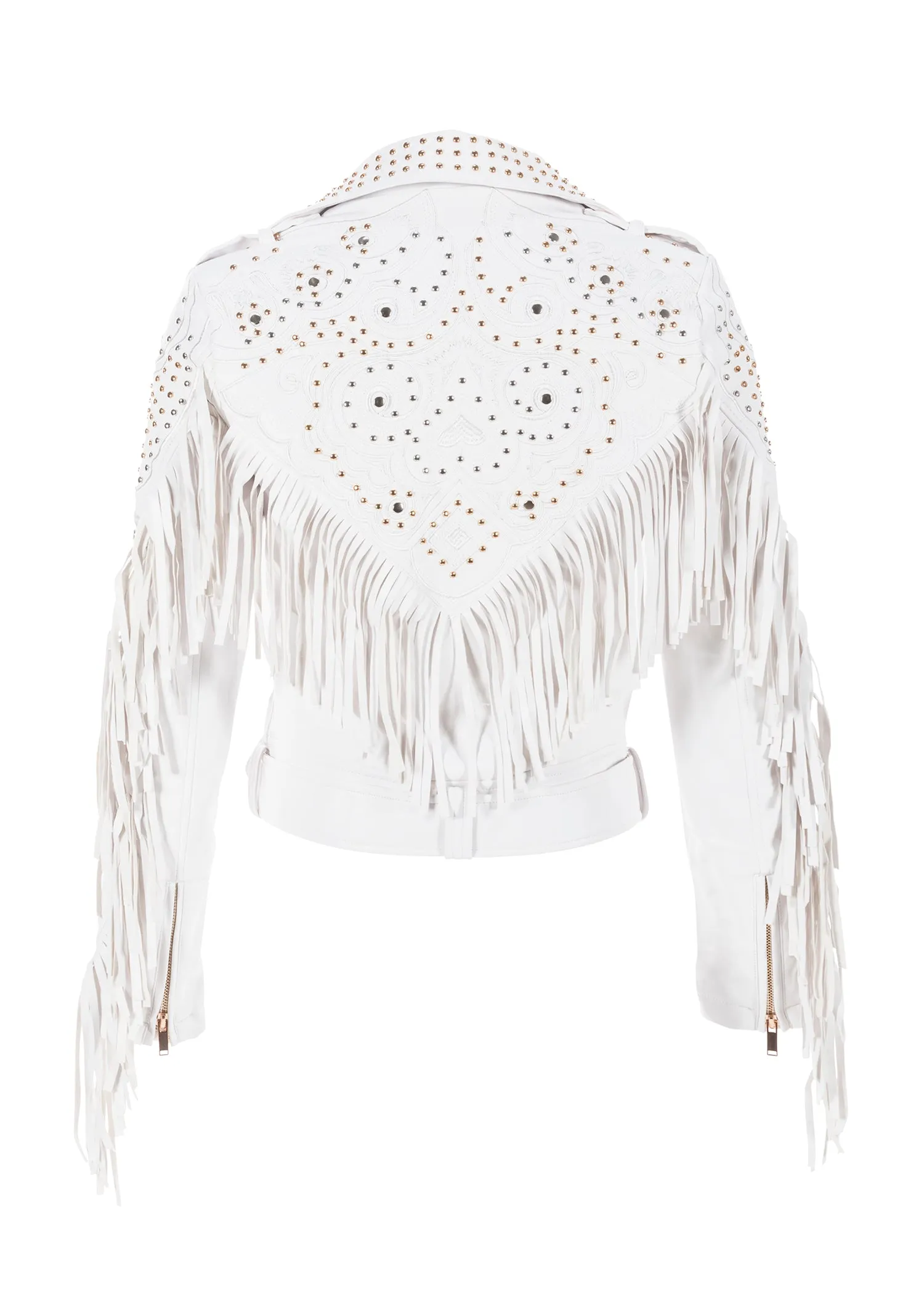 White Faux Leather Studded Fringe Moto Jacket