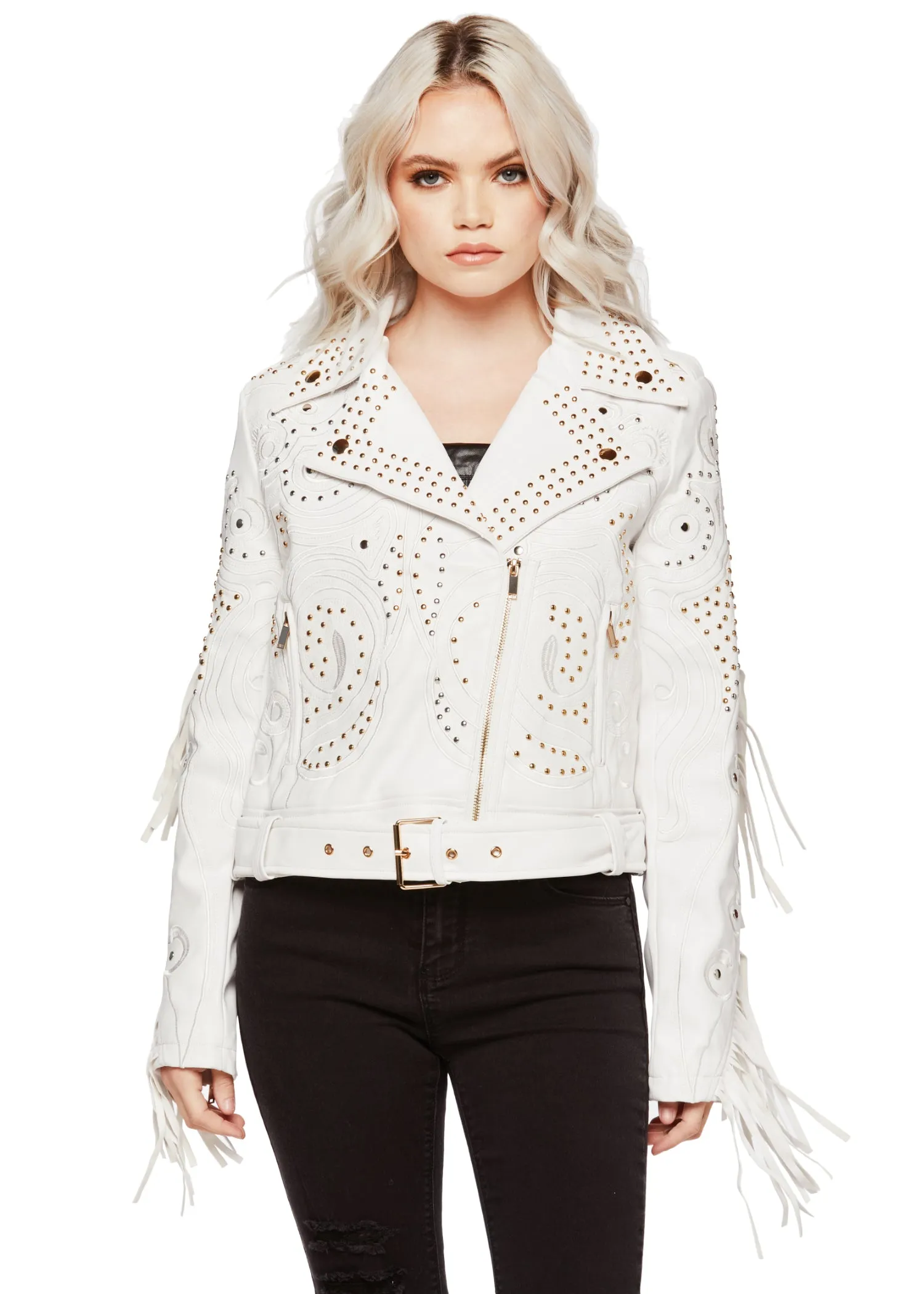 White Faux Leather Studded Fringe Moto Jacket