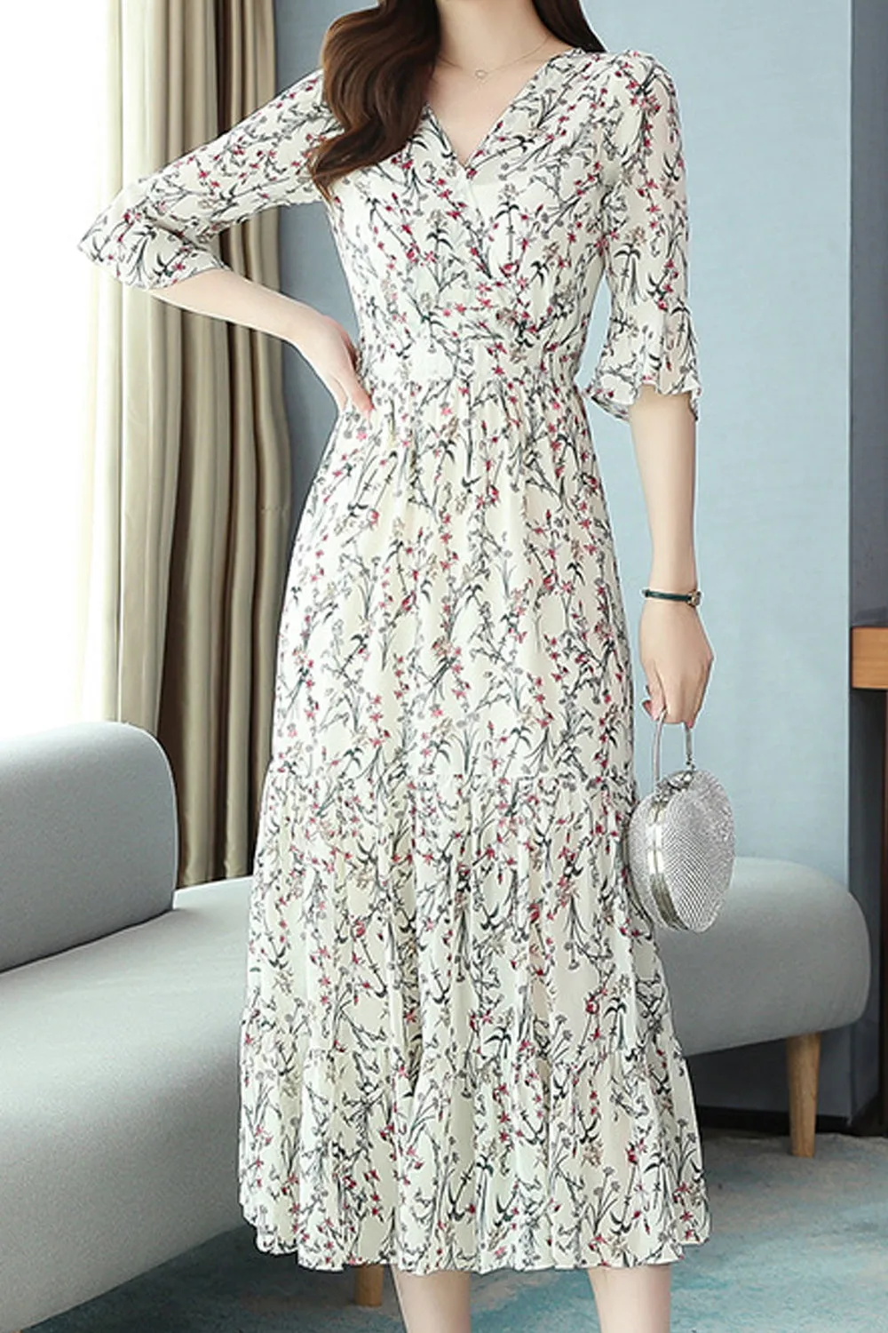 Women Long Length Thin Half Sleeve Breathable Printed Style Fashionable Dress - WD103617