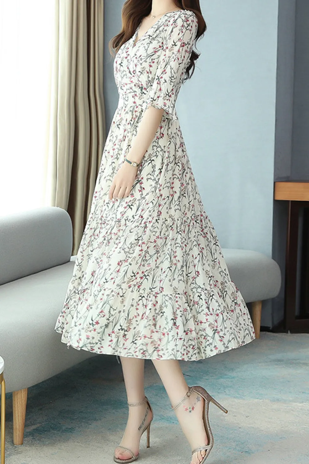 Women Long Length Thin Half Sleeve Breathable Printed Style Fashionable Dress - WD103617