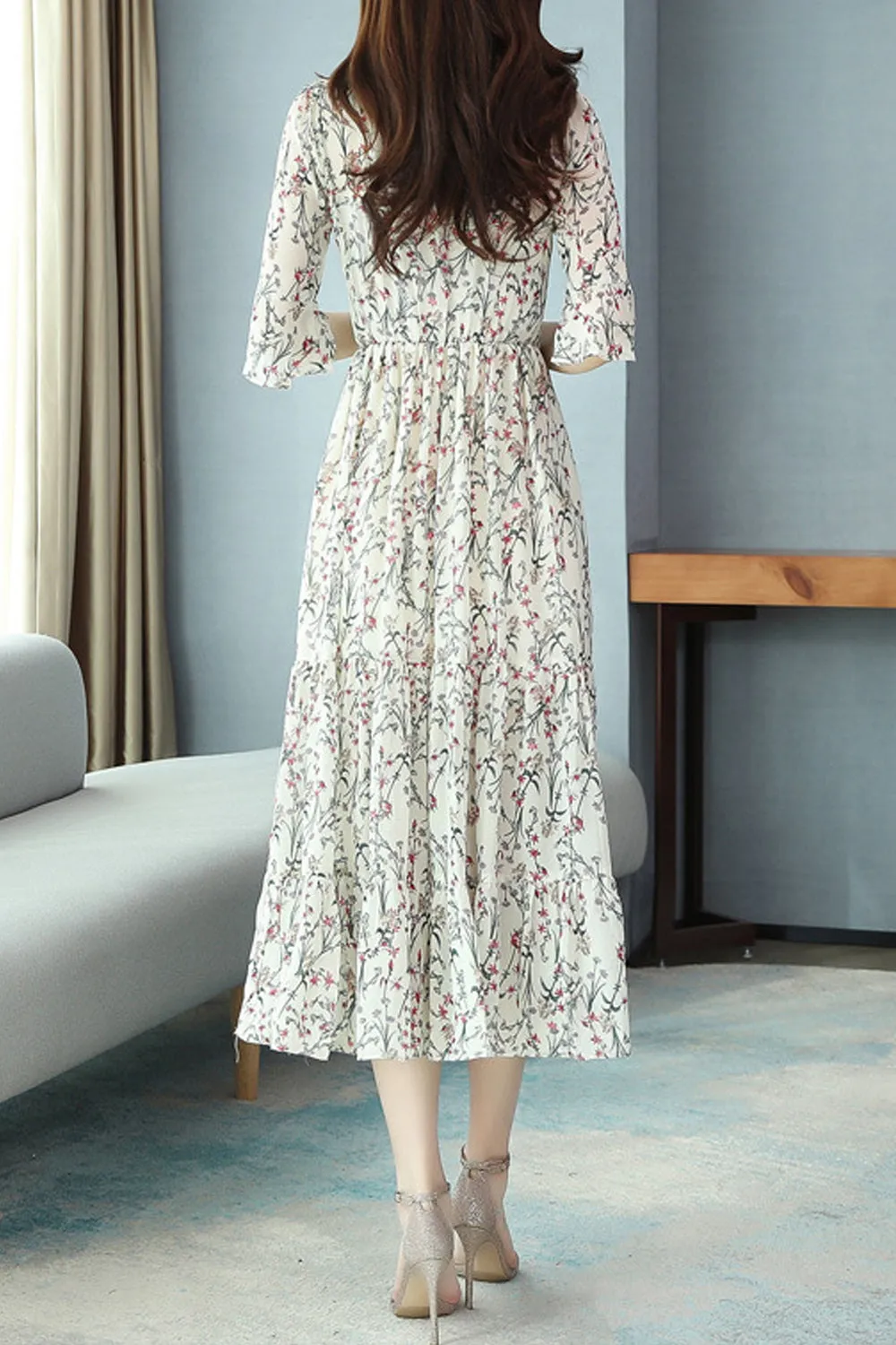 Women Long Length Thin Half Sleeve Breathable Printed Style Fashionable Dress - WD103617