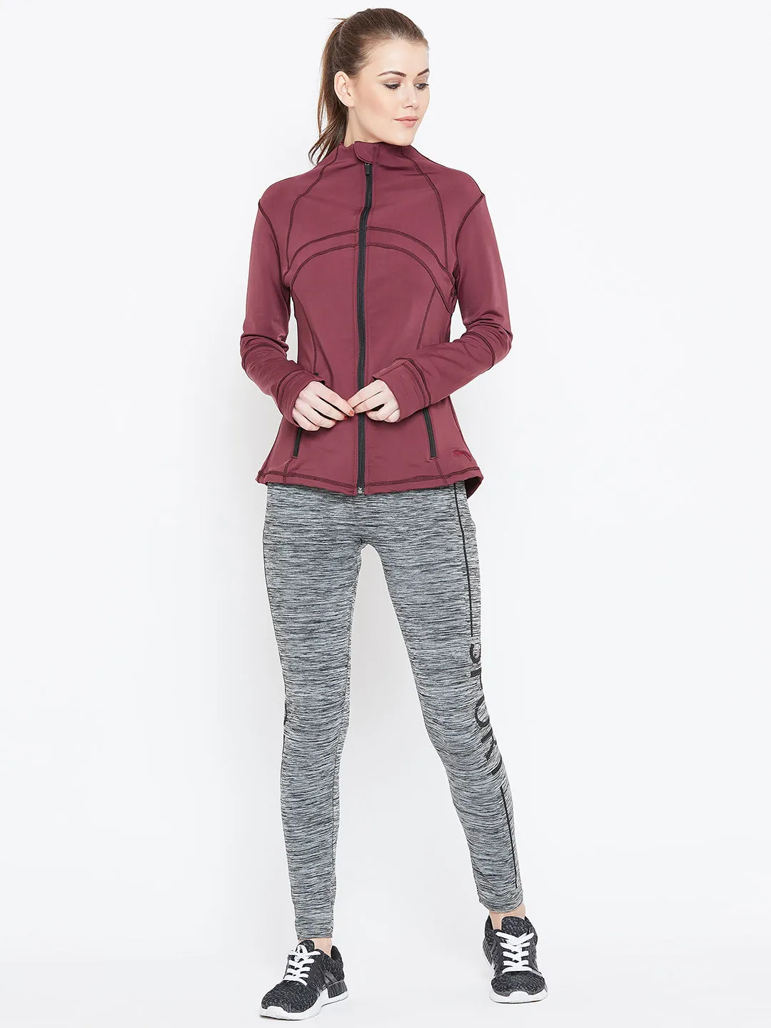 Women Maroon Solid Sporty Jacket