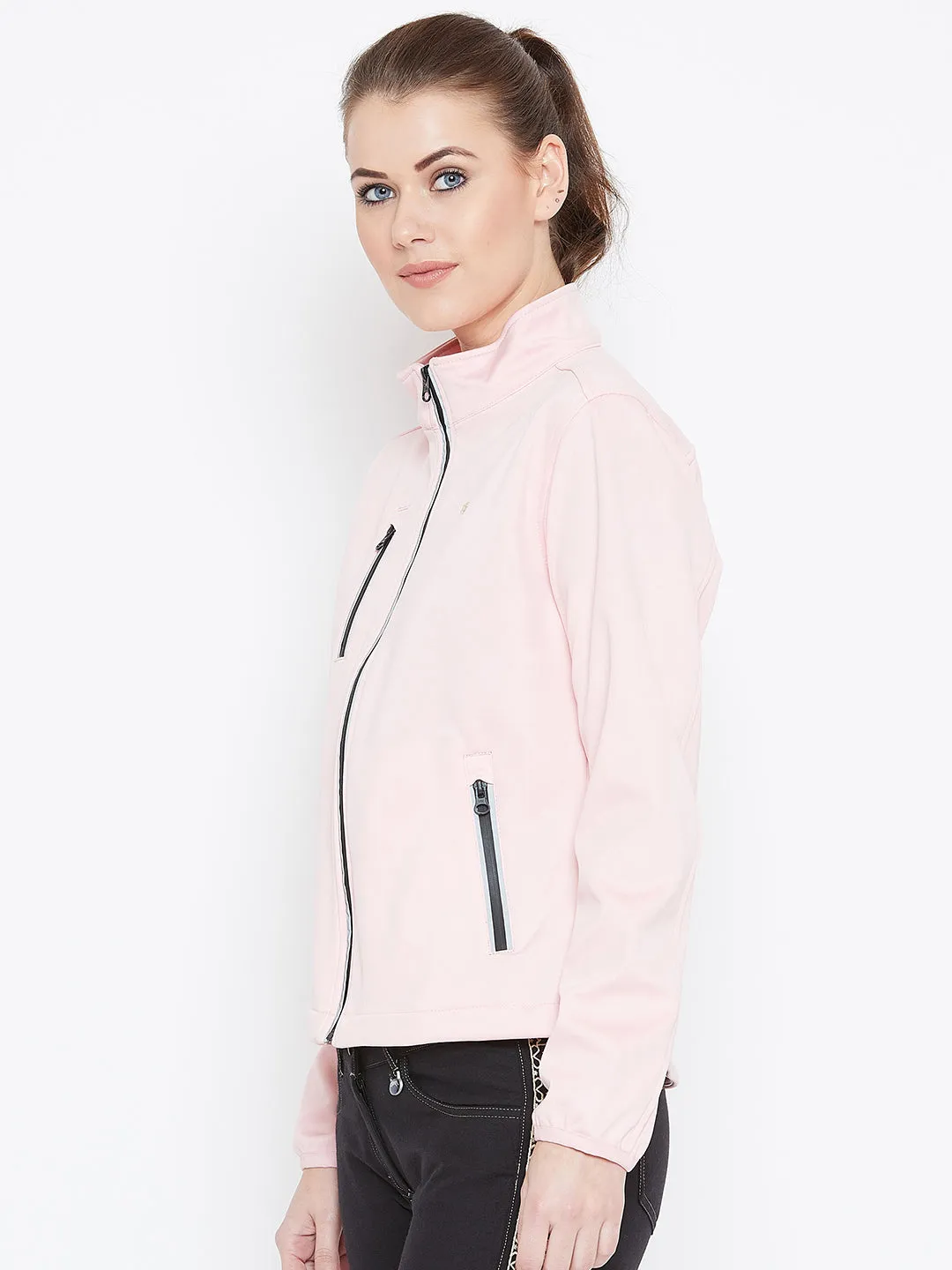 Women Pink Solid Sporty Jacket