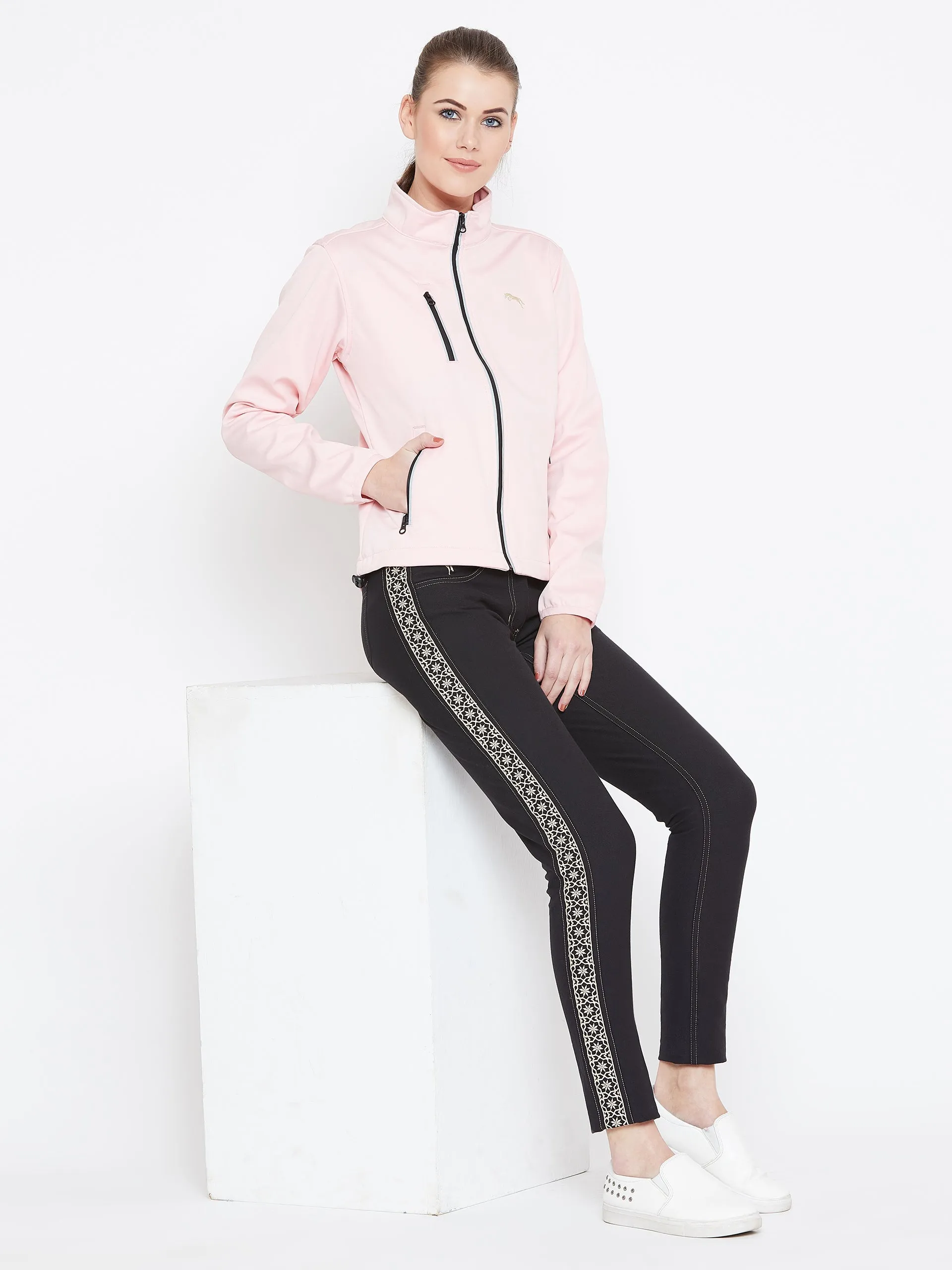 Women Pink Solid Sporty Jacket