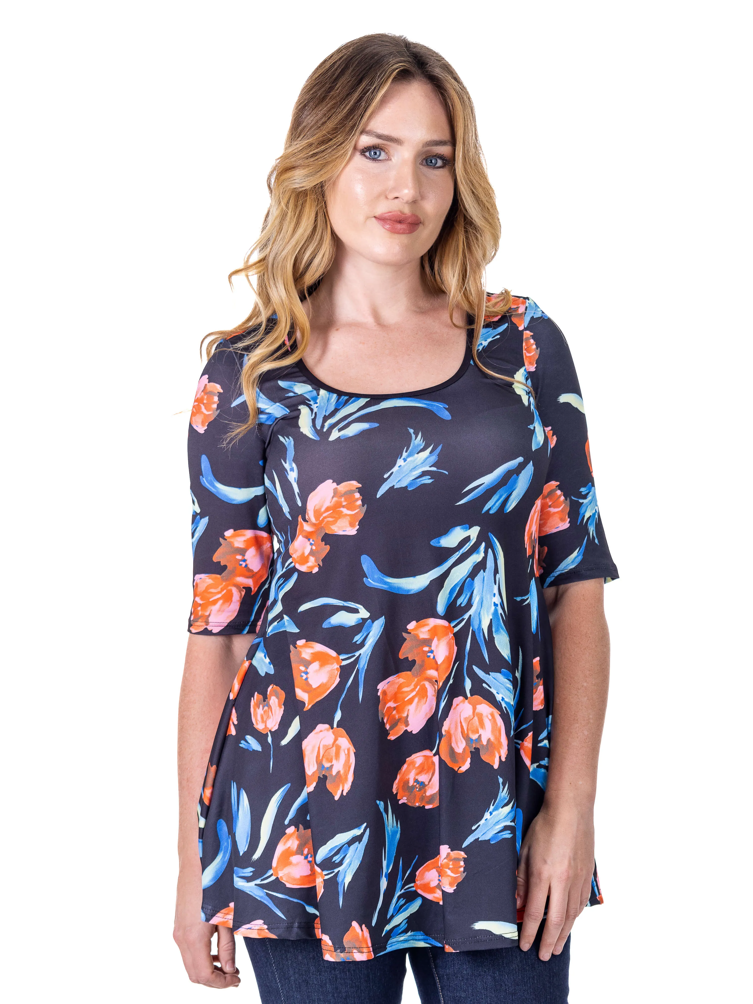 Womens Black Tulip Print Elbow Sleeve Casual Tunic Top