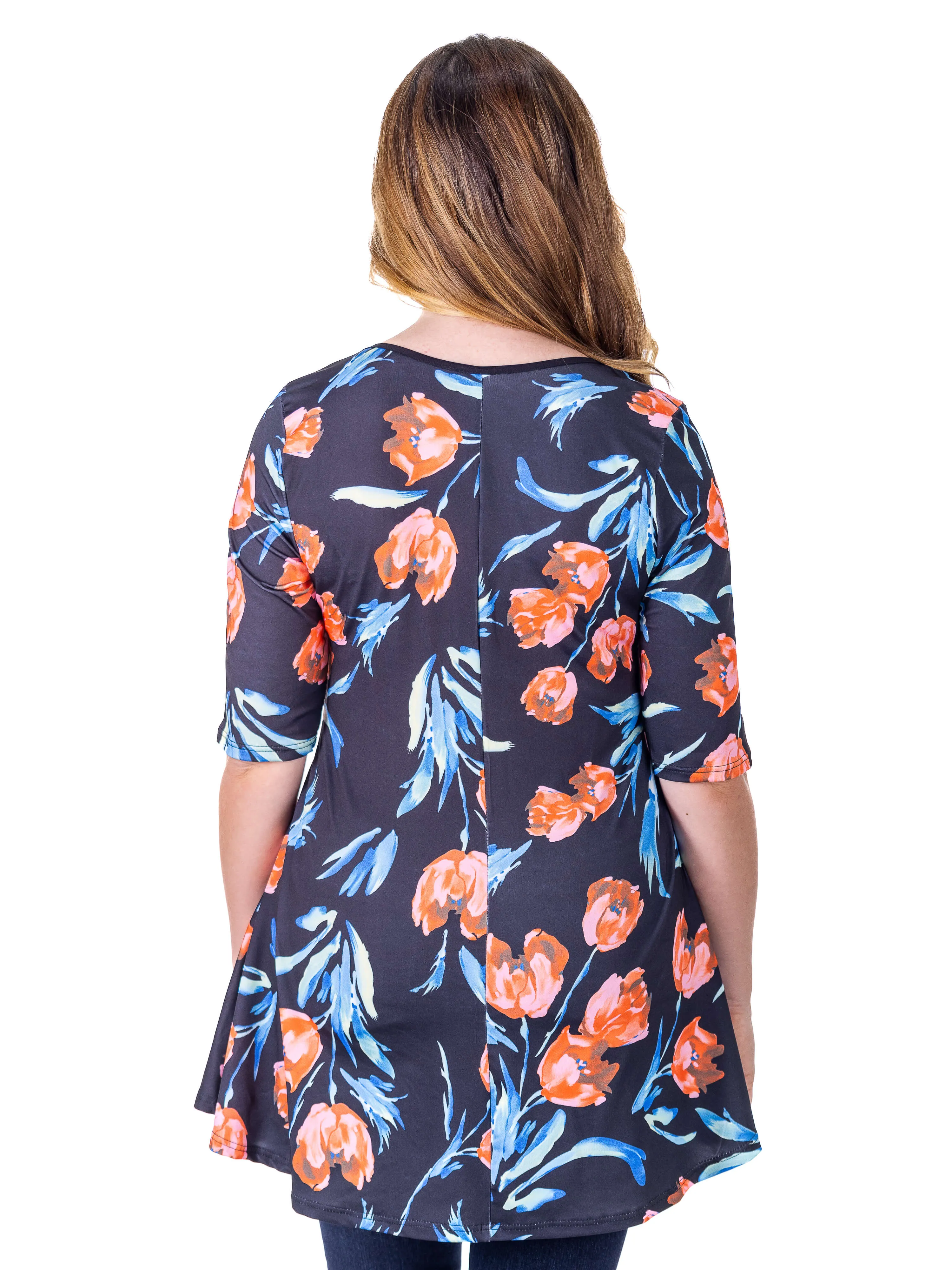 Womens Black Tulip Print Elbow Sleeve Casual Tunic Top