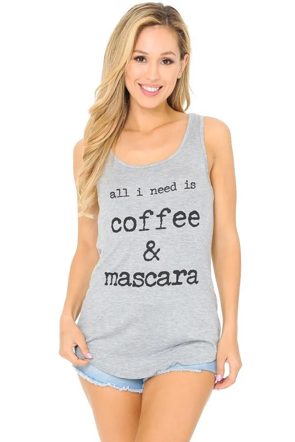 Womens Coffee Mascara Graphic Tank Top Gray Sizes S/M/L