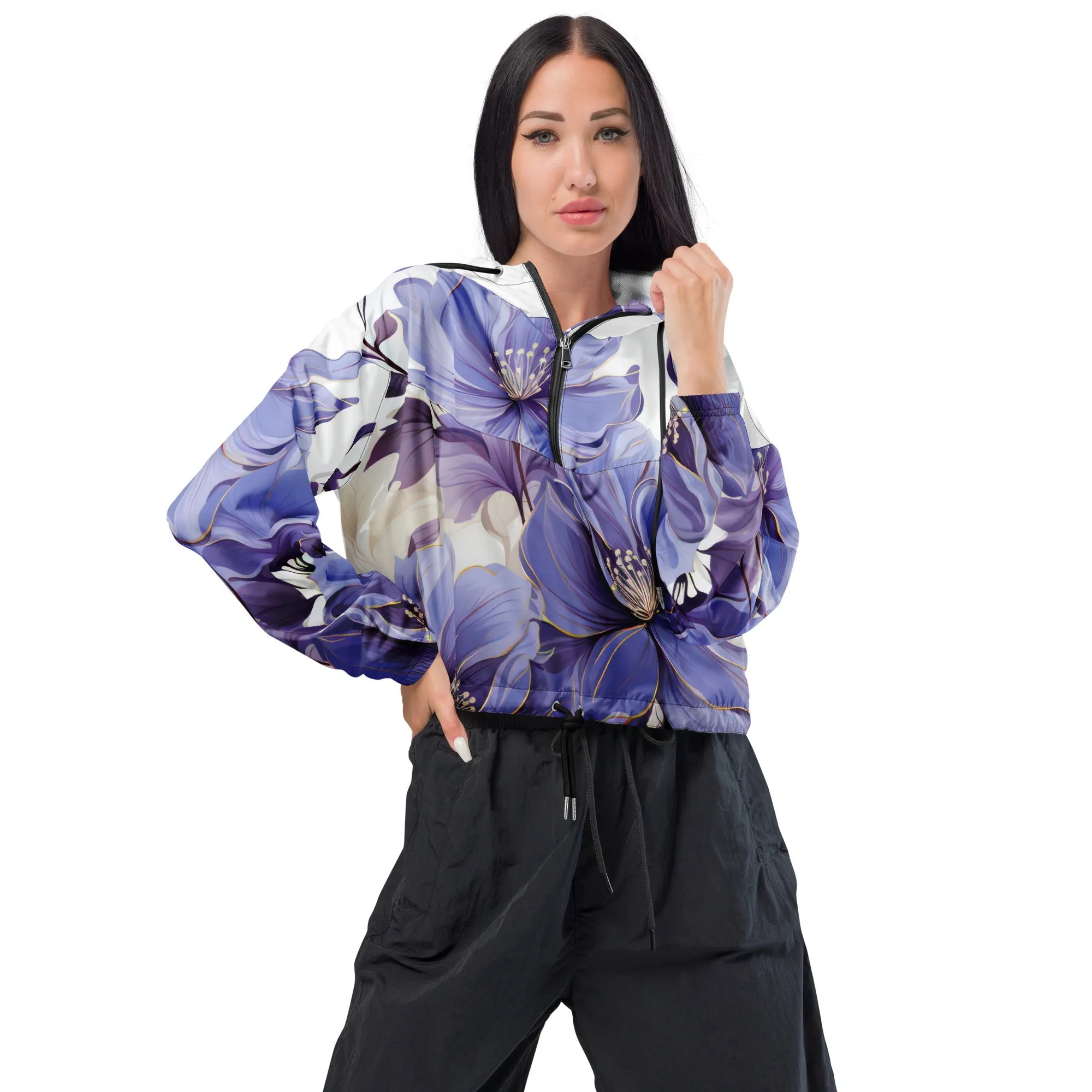 Womens Cropped Windbreaker Jacket, Purple Botanical Blooms