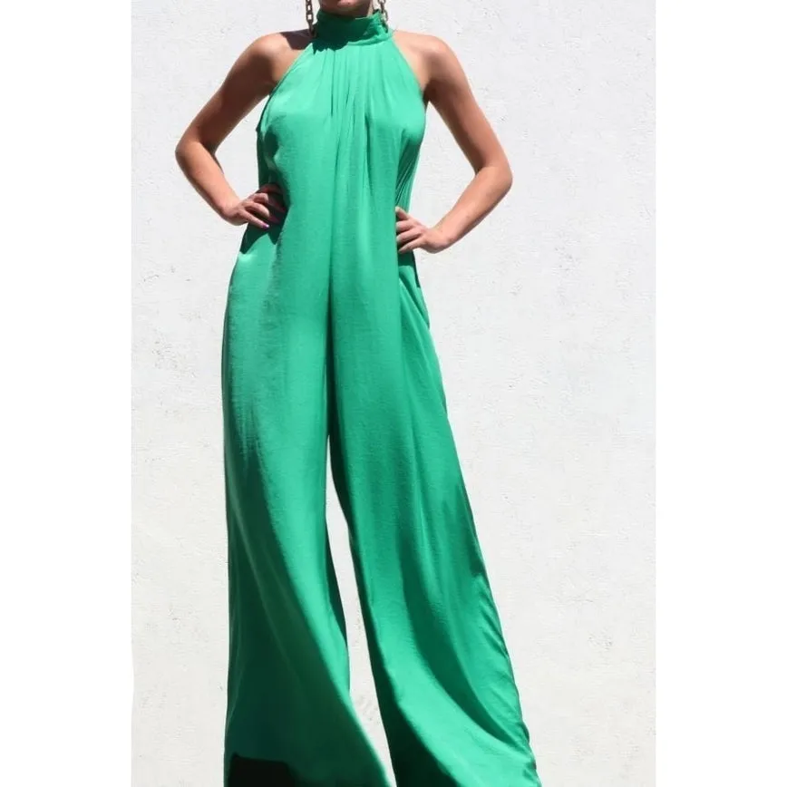 Women's Esmeray Kelly Green Mock High Neck Chiffon Jumpsuit