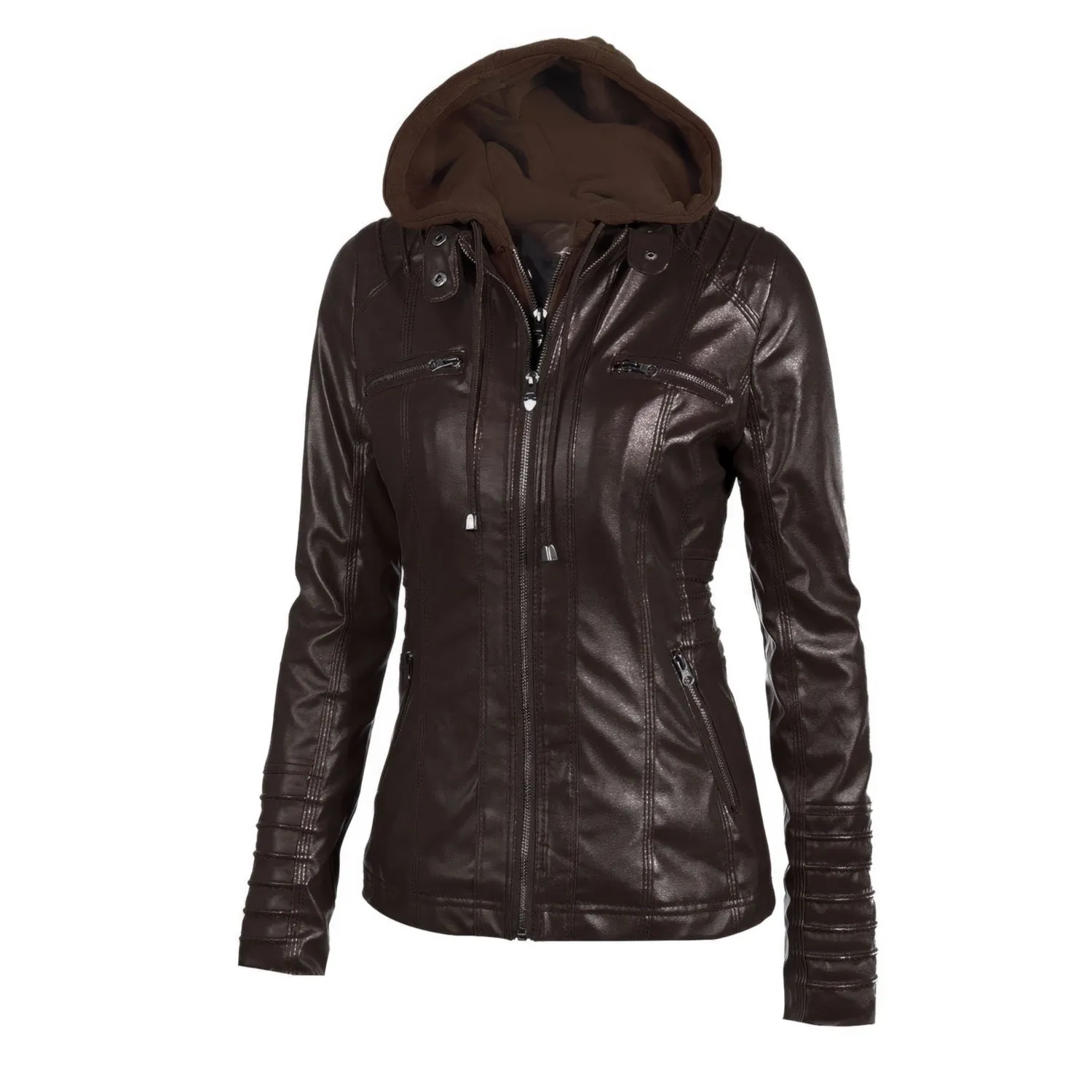 Women’s Racer Brown Genuine Sheepskin Detachable Hooded Sporty Moto Scooter Racer Slim Fit Casual Classic Leather Jacket