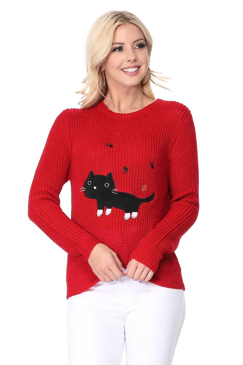 YEMAK Women's Black Cat Applique Crewneck Long Sleeve Casual Knit Pullover Sweater MK8207