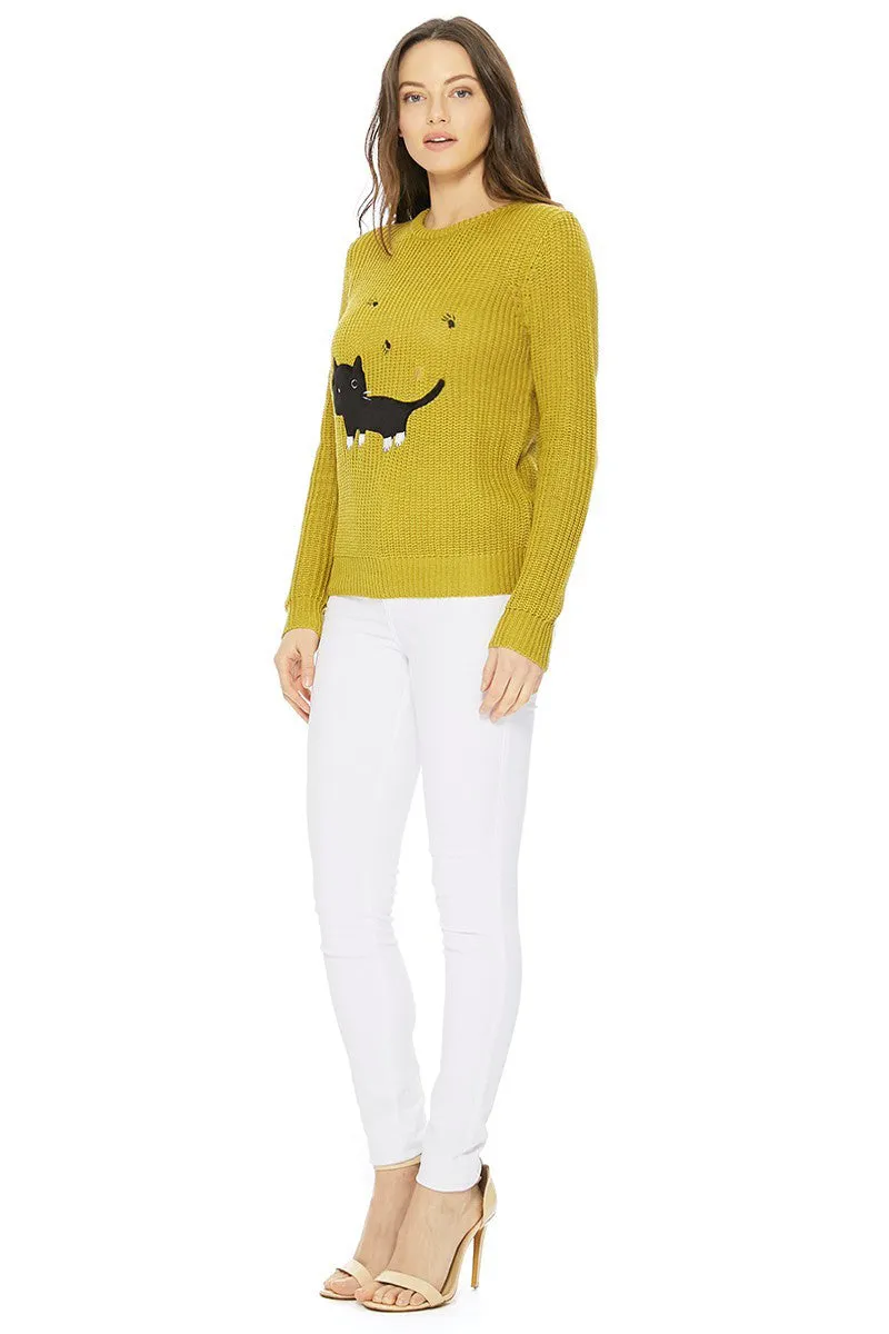 YEMAK Women's Black Cat Applique Crewneck Long Sleeve Casual Knit Pullover Sweater MK8207