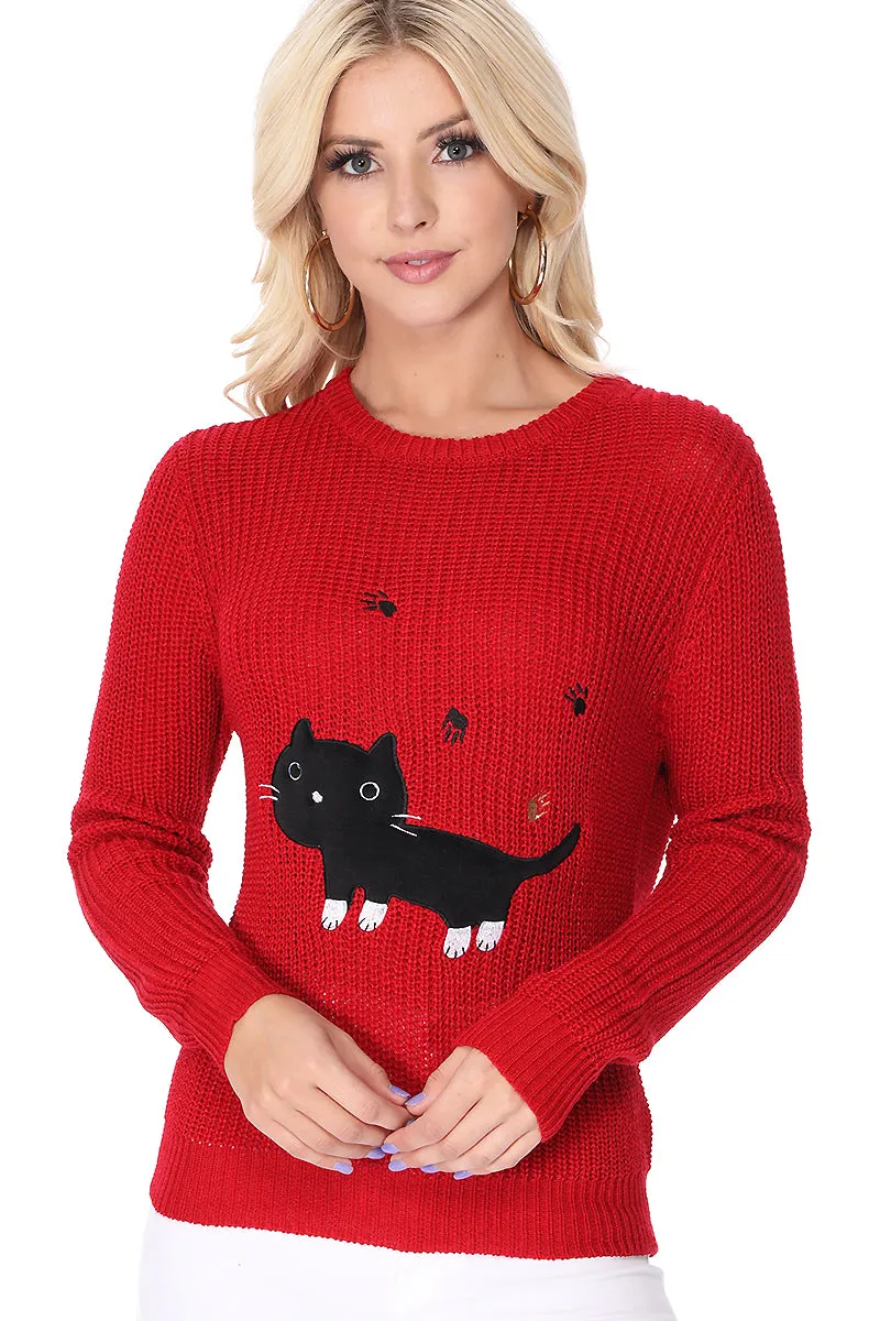 YEMAK Women's Black Cat Applique Crewneck Long Sleeve Casual Knit Pullover Sweater MK8207