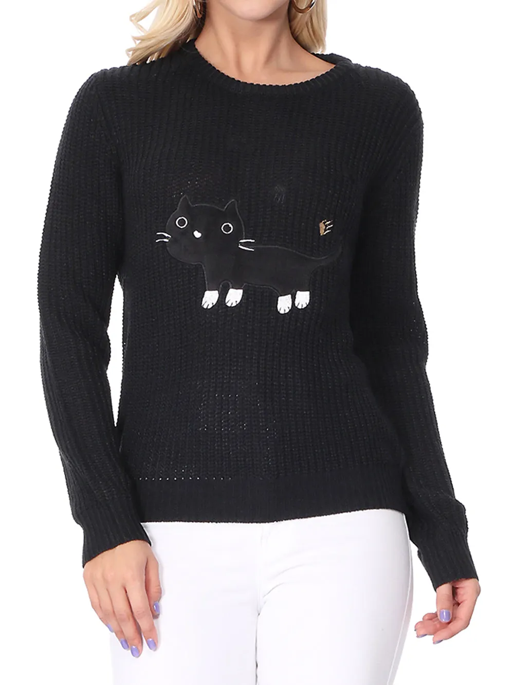 YEMAK Women's Black Cat Applique Crewneck Long Sleeve Casual Knit Pullover Sweater MK8207