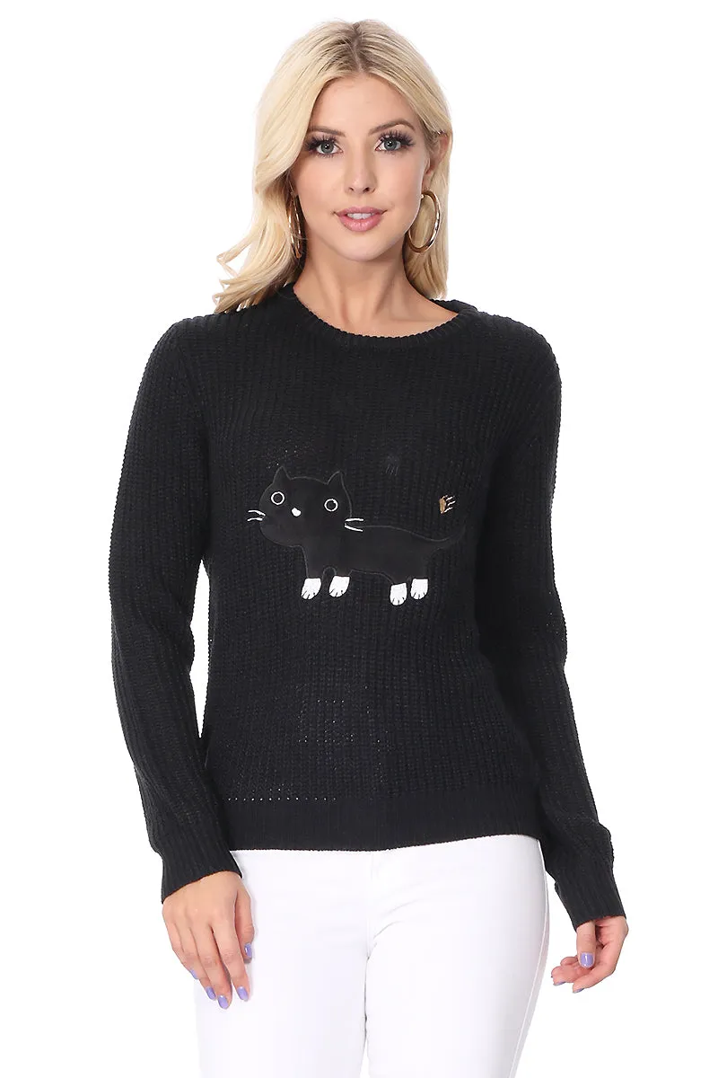 YEMAK Women's Black Cat Applique Crewneck Long Sleeve Casual Knit Pullover Sweater MK8207