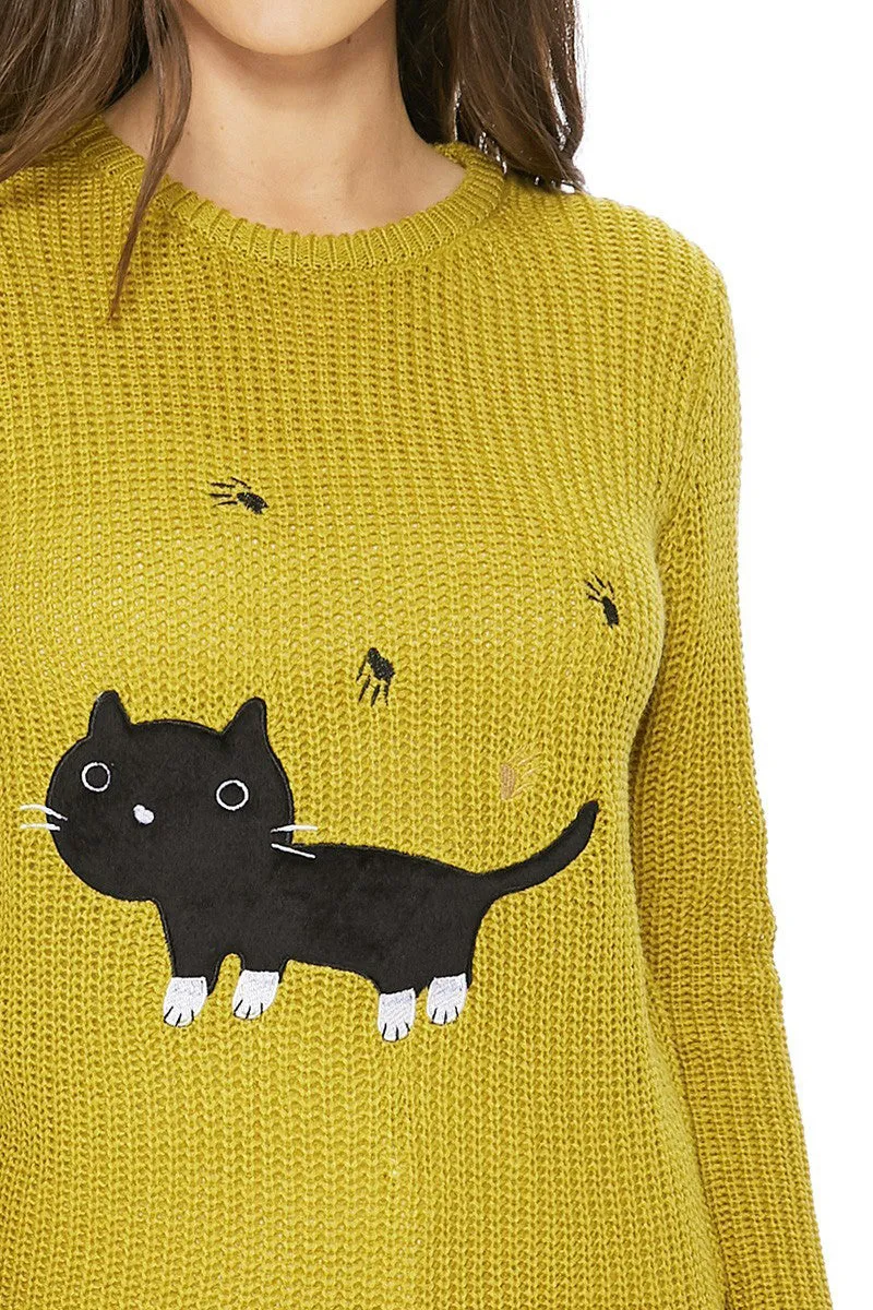 YEMAK Women's Black Cat Applique Crewneck Long Sleeve Casual Knit Pullover Sweater MK8207