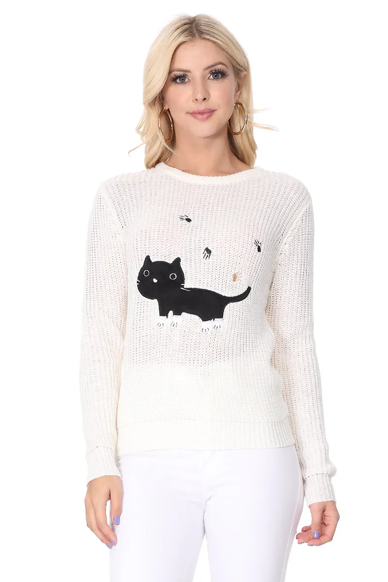 YEMAK Women's Black Cat Applique Crewneck Long Sleeve Casual Knit Pullover Sweater MK8207