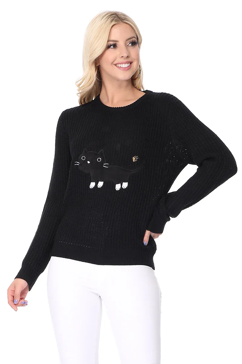 YEMAK Women's Black Cat Applique Crewneck Long Sleeve Casual Knit Pullover Sweater MK8207