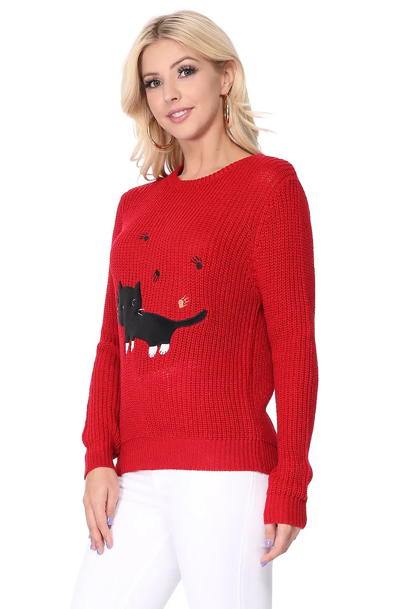 YEMAK Women's Black Cat Applique Crewneck Long Sleeve Casual Knit Pullover Sweater MK8207