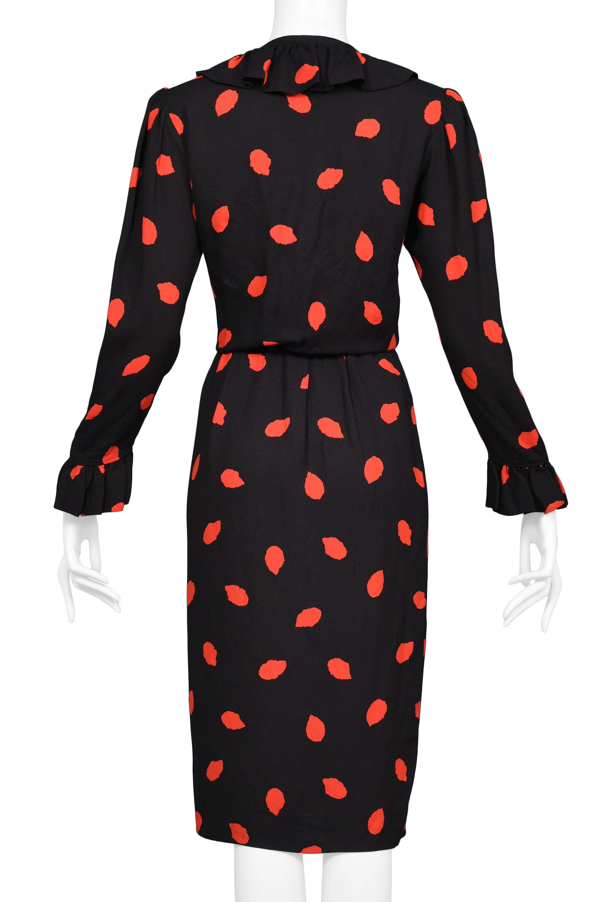 YVES SAINT LAURENT YSL BLACK & RED PRINT SILK DAY DRESS