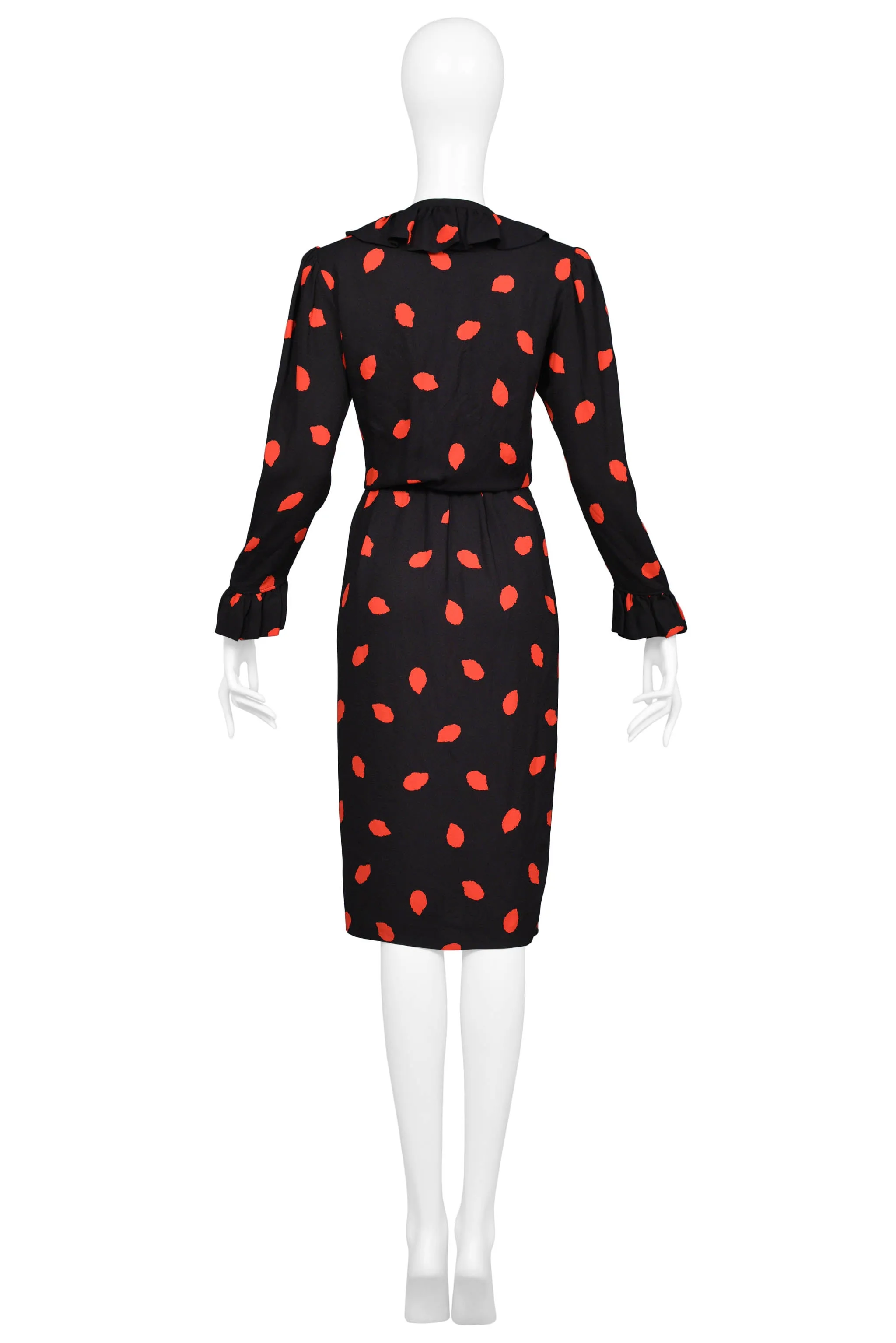 YVES SAINT LAURENT YSL BLACK & RED PRINT SILK DAY DRESS