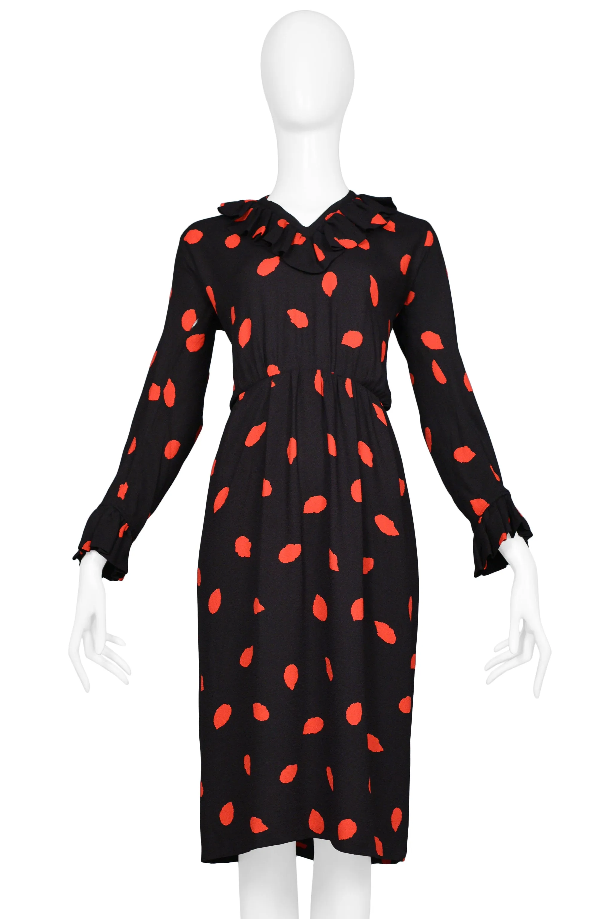 YVES SAINT LAURENT YSL BLACK & RED PRINT SILK DAY DRESS