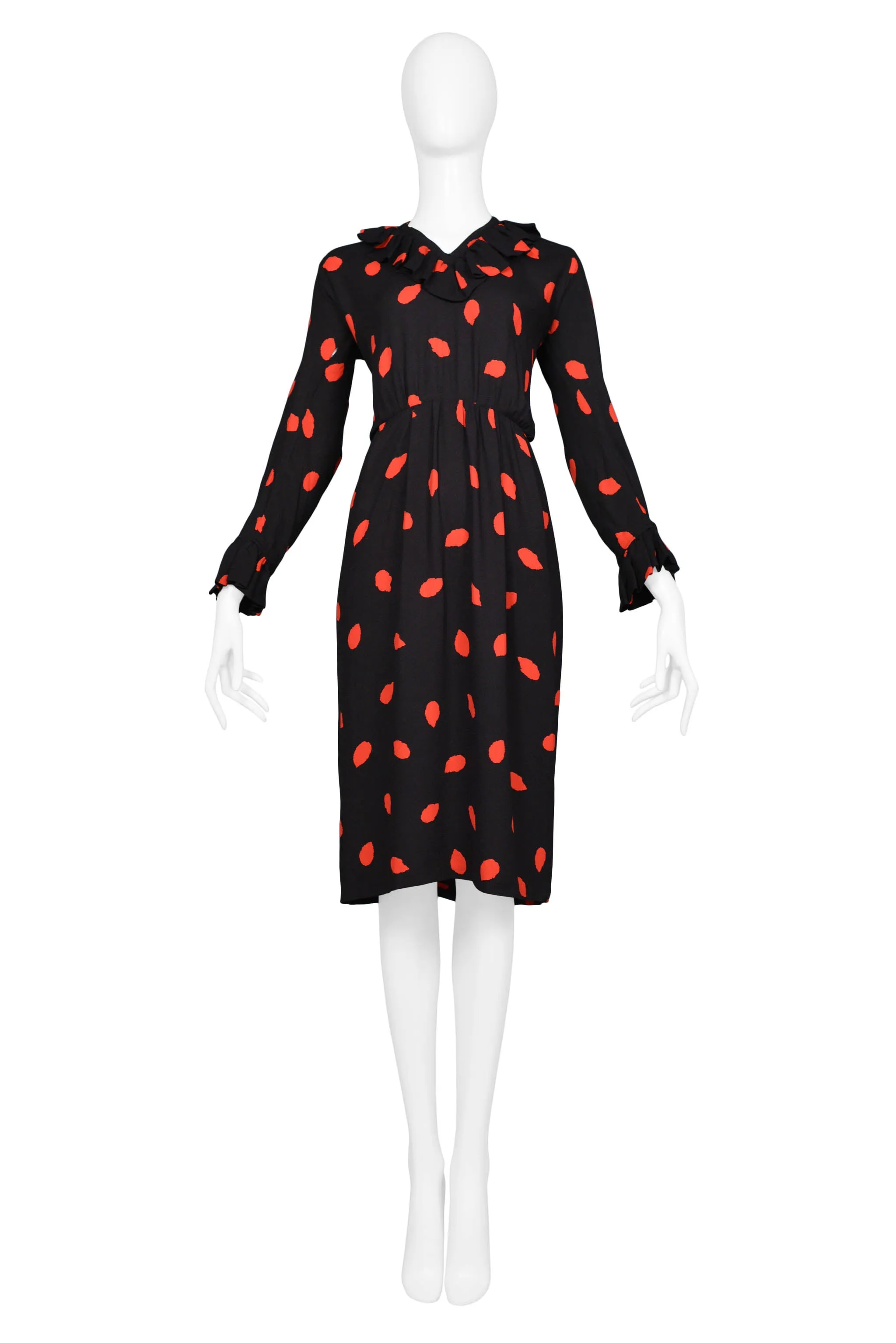 YVES SAINT LAURENT YSL BLACK & RED PRINT SILK DAY DRESS